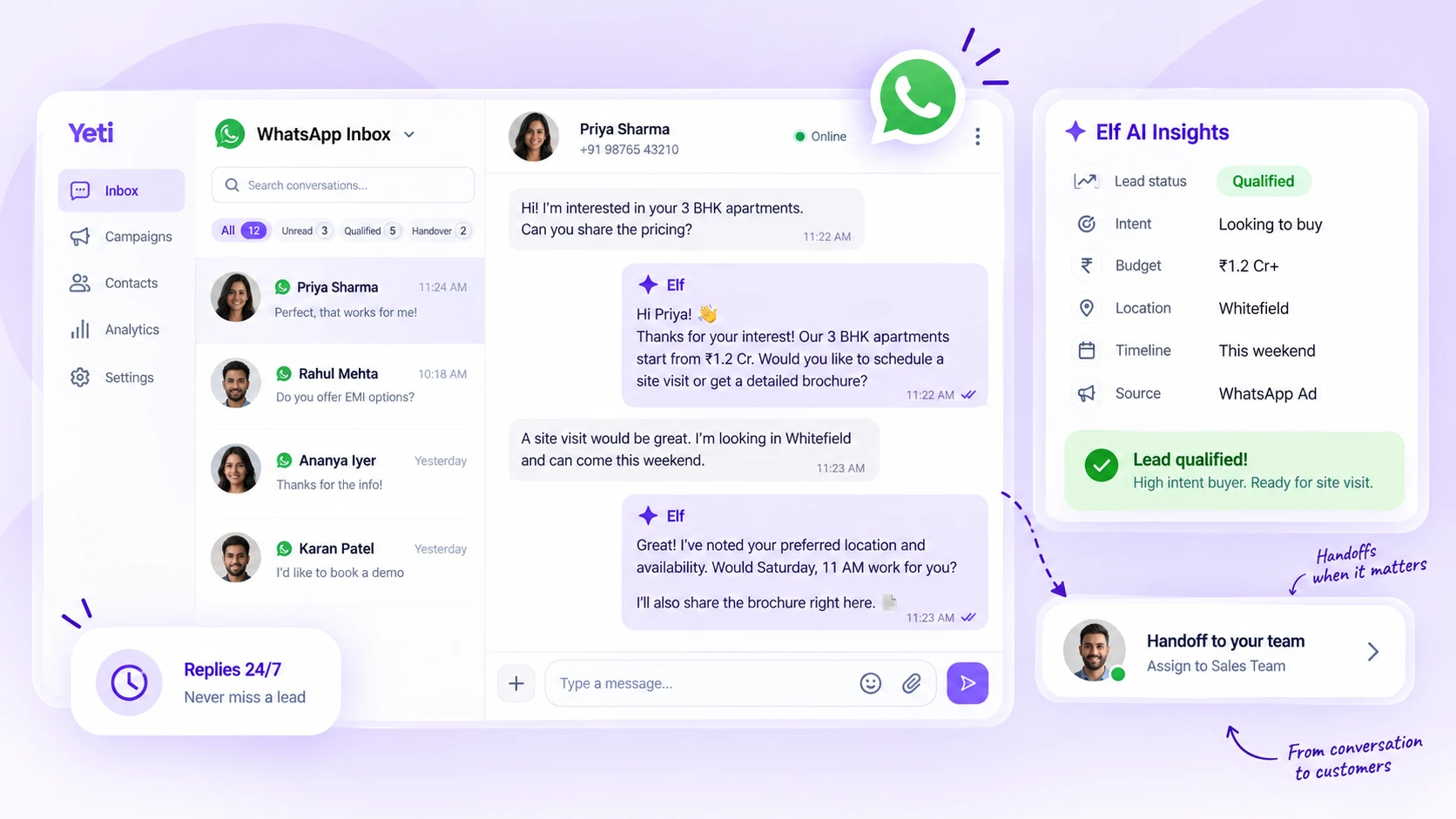 Elf AI replying to WhatsApp leads in Yeti