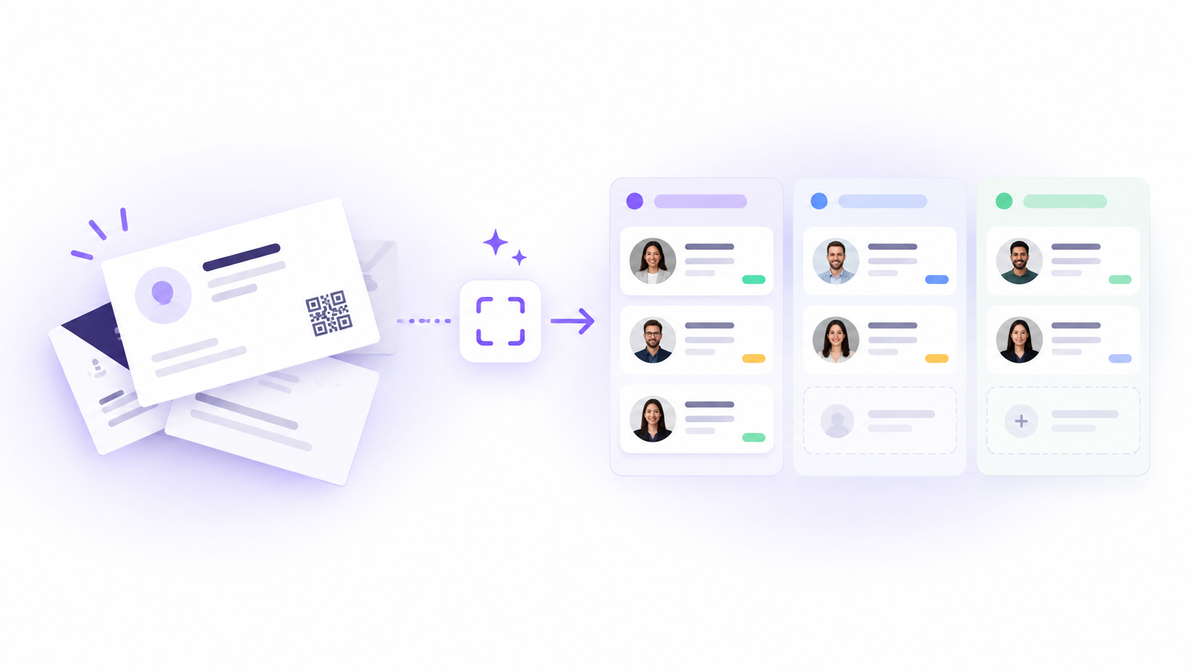 Scanned business cards organized into lead groups