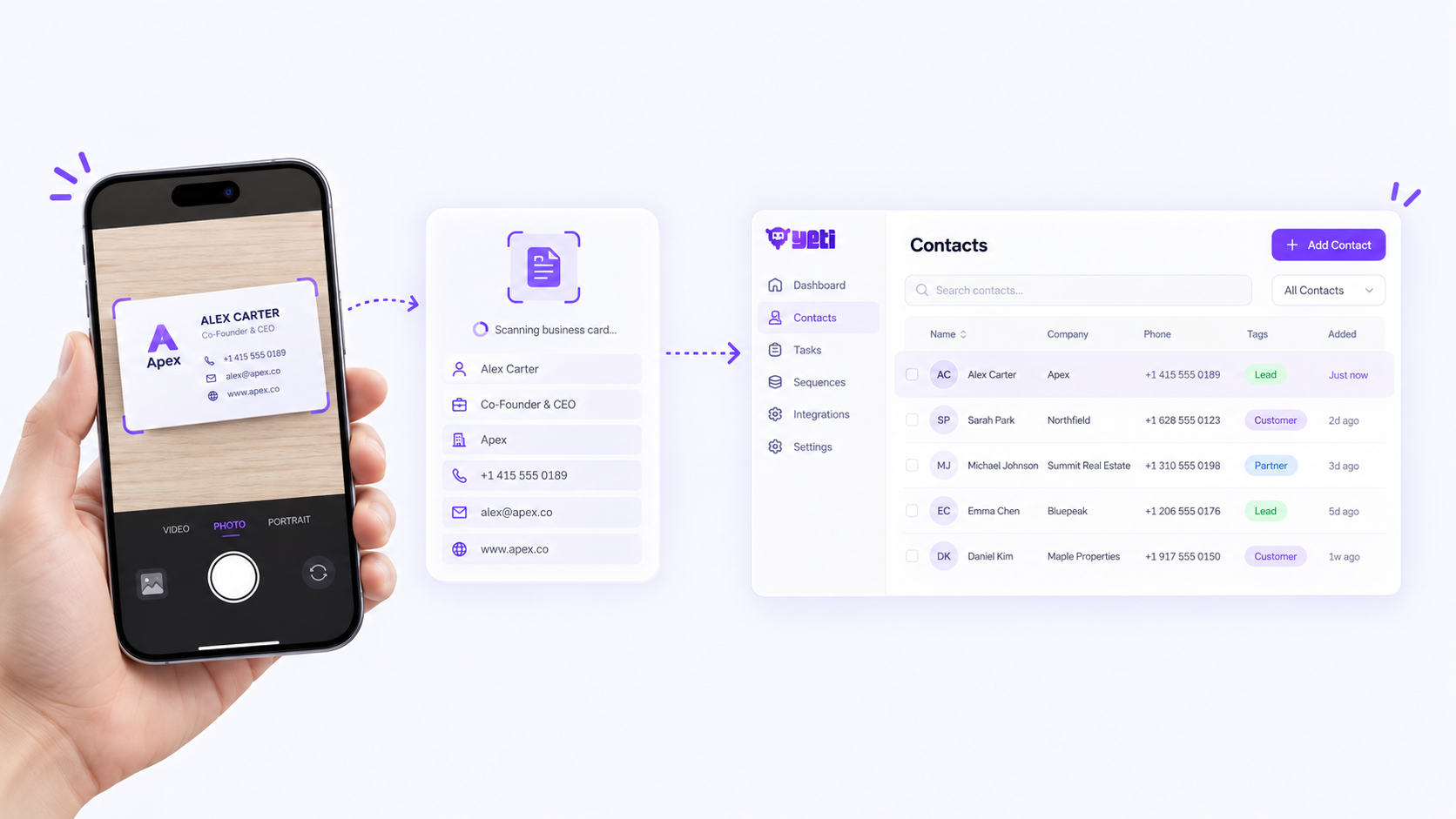 Yeti Scan captures a business card and creates a contact